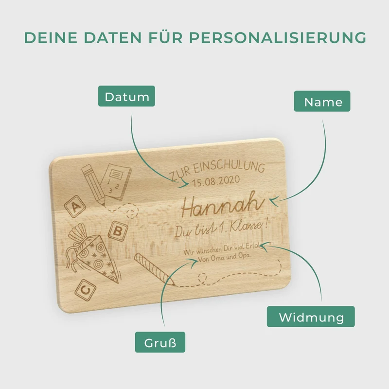 Frühstücksbrettchen für Kinder mit Gravur - Personalisiert mit Namen - Schultüte | Holz Brettchen, Natur, FSC® - Geschenk zur Einschulung Erstklässler