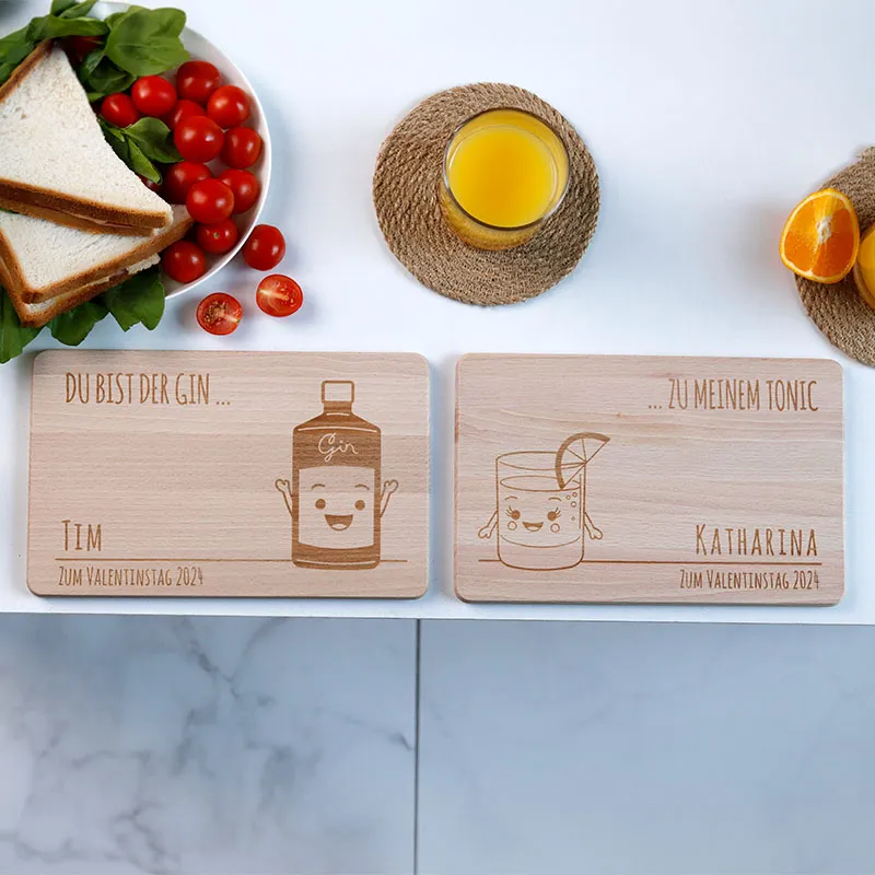 Frühstücksbrettchen mit Gravur Personalisiert - Gravur mit Namen - 2er-Set Gin & Tonic | Romantisches Geschenk für sie und ihn - FSC®