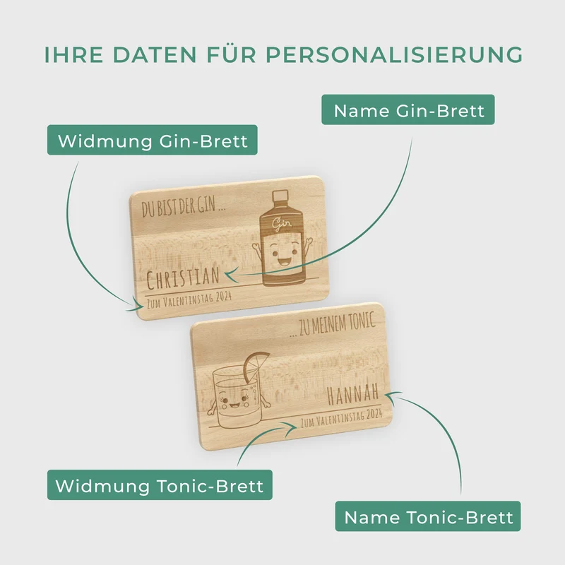 Frühstücksbrettchen mit Gravur Personalisiert - Gravur mit Namen - 2er-Set Gin & Tonic | Romantisches Geschenk für sie und ihn - FSC®