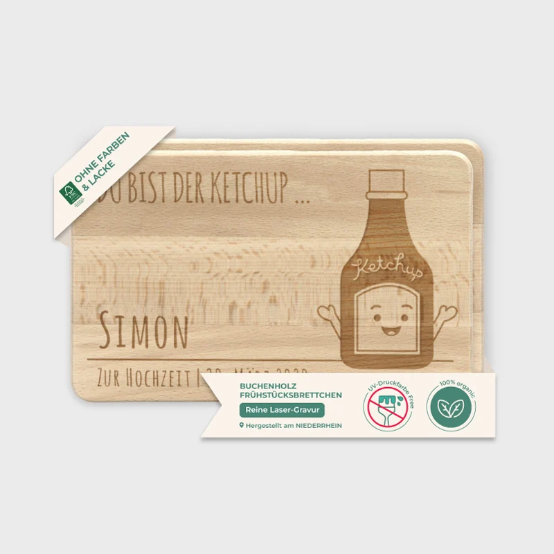 Frühstücksbrettchen mit Gravur Personalisiert - Gravur mit Namen - 2er-Set Pommes & Ketchup | Romantisches Geschenk für sie und ihn - FSC®