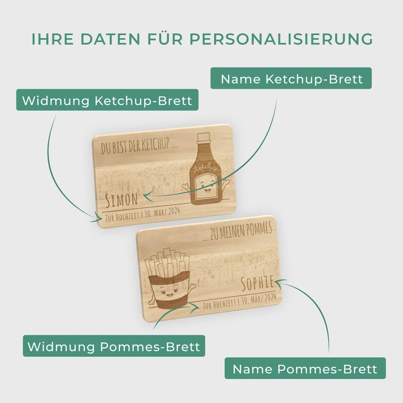 Frühstücksbrettchen mit Gravur Personalisiert - Gravur mit Namen - 2er-Set Pommes & Ketchup | Romantisches Geschenk für sie und ihn - FSC®