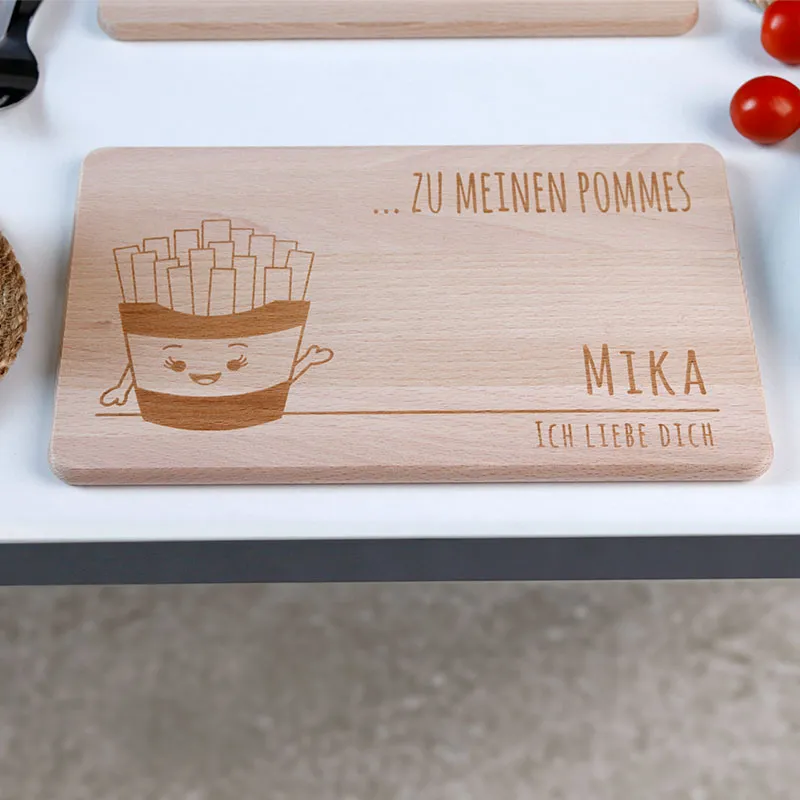 Frühstücksbrettchen mit Gravur Personalisiert - Gravur mit Namen - 2er-Set Pommes & Ketchup | Romantisches Geschenk für sie und ihn - FSC®