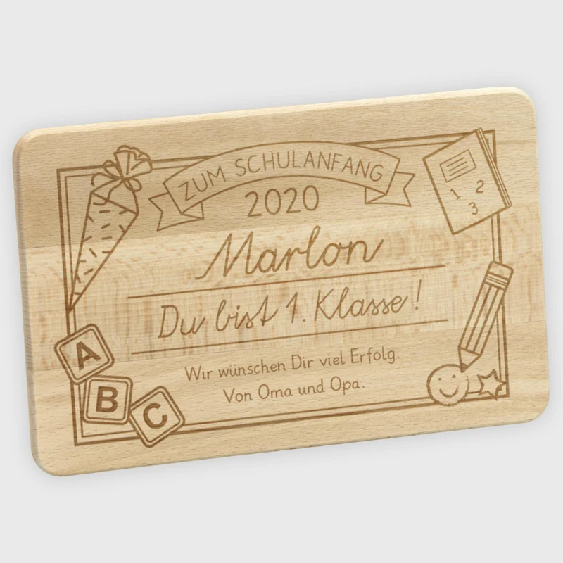Frühstücksbrettchen für Kinder mit Gravur - Personalisiert mit Namen - Erste Klasse | Holz, Natur, FSC® - Geschenk zur Einschulung Erstklässler