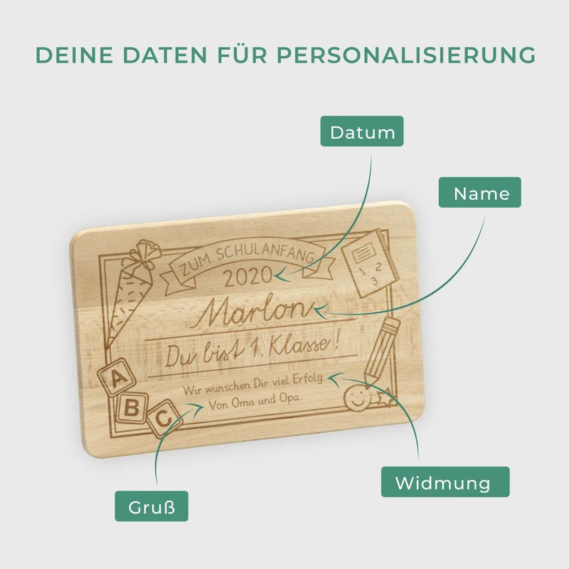 Frühstücksbrettchen für Kinder mit Gravur - Personalisiert mit Namen - Erste Klasse | Holz, Natur, FSC® - Geschenk zur Einschulung Erstklässler