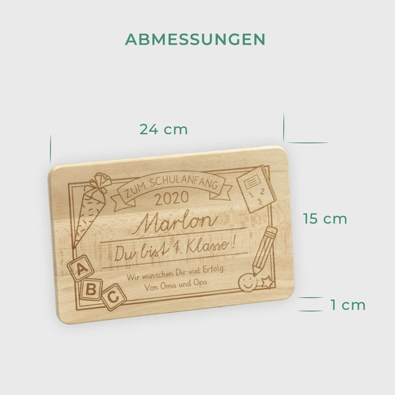Frühstücksbrettchen für Kinder mit Gravur - Personalisiert mit Namen - Erste Klasse | Holz, Natur, FSC® - Geschenk zur Einschulung Erstklässler