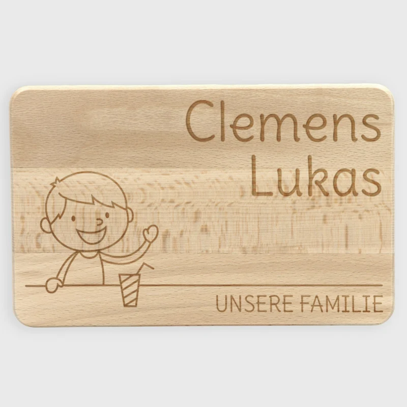 Frühstücksbrettchen für Kinder mit Gravur - Personalisiert mit Namen - Mittlerer Sohn "Unsere Familie" | Holz, Natur, FSC® - Geschenk von Eltern