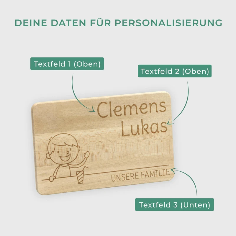 Frühstücksbrettchen für Kinder mit Gravur - Personalisiert mit Namen - Mittlerer Sohn "Unsere Familie" | Holz, Natur, FSC® - Geschenk von Eltern