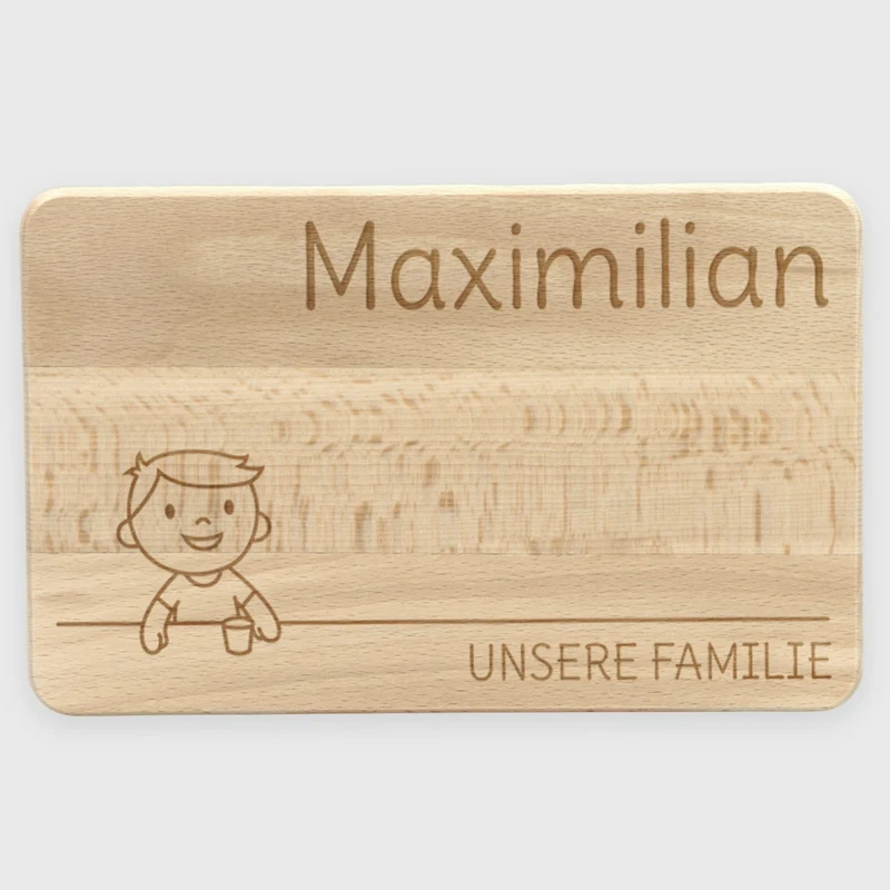 Frühstücksbrettchen für Kinder mit Gravur - Personalisiert mit Namen - Kleiner Sohn "Unsere Familie" | Holz, Natur, FSC® - Geschenk von Eltern