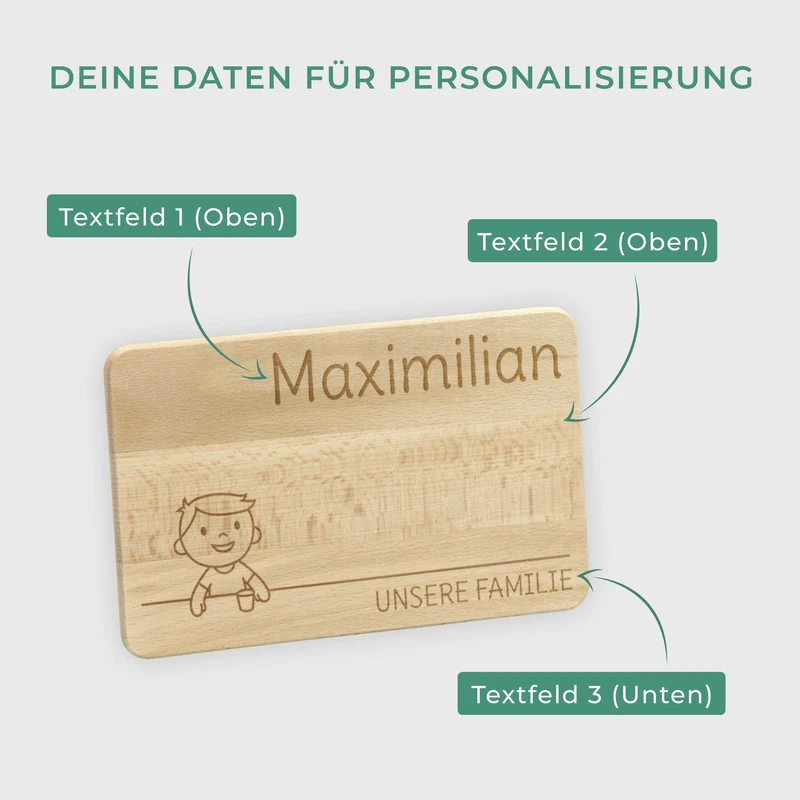 Frühstücksbrettchen für Kinder mit Gravur - Personalisiert mit Namen - Kleiner Sohn "Unsere Familie" | Holz, Natur, FSC® - Geschenk von Eltern