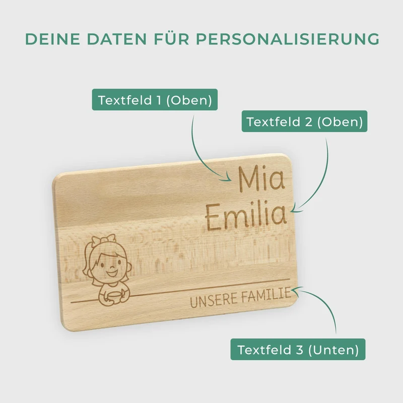 Frühstücksbrettchen für Kinder mit Gravur - Personalisiert mit Namen - Kleine Tochter "Unsere Familie" | Holz, Natur, FSC® - Geschenk von Eltern