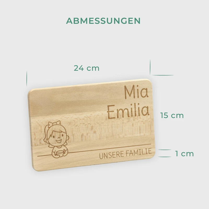 Frühstücksbrettchen für Kinder mit Gravur - Personalisiert mit Namen - Kleine Tochter "Unsere Familie" | Holz, Natur, FSC® - Geschenk von Eltern