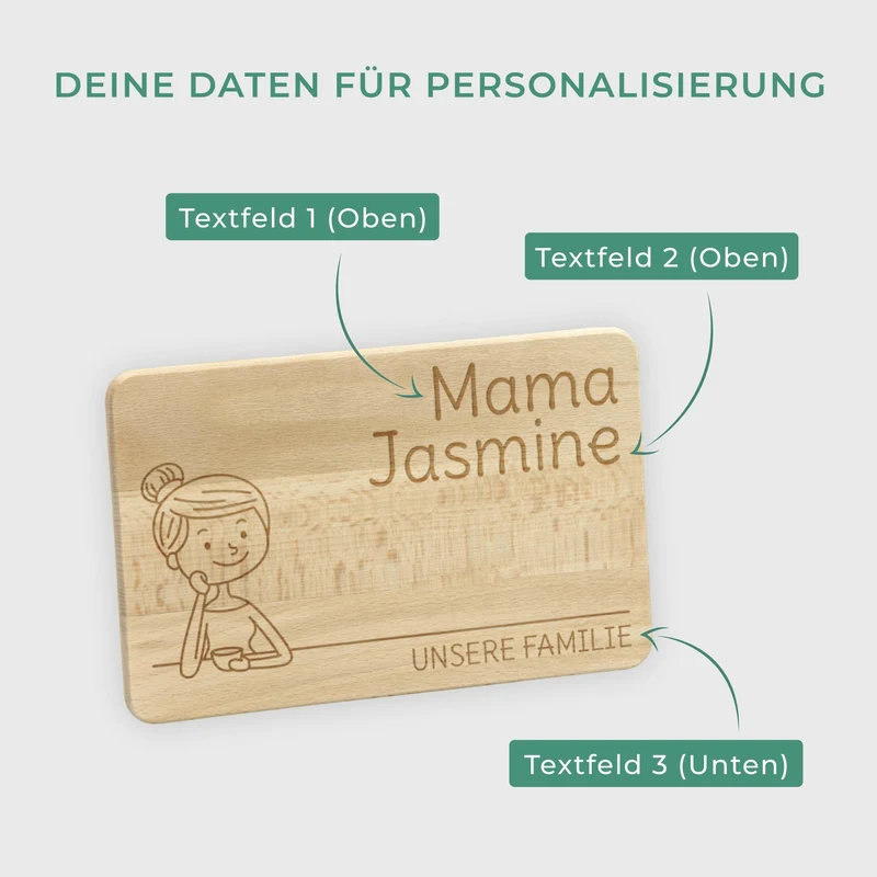 Frühstücksbrettchen mit Gravur - Personalisiert mit Namen - Mama "Unsere Familie" | Holz, Natur, FSC® - Geschenk zum Muttertag, Geburtstag, Namenstag