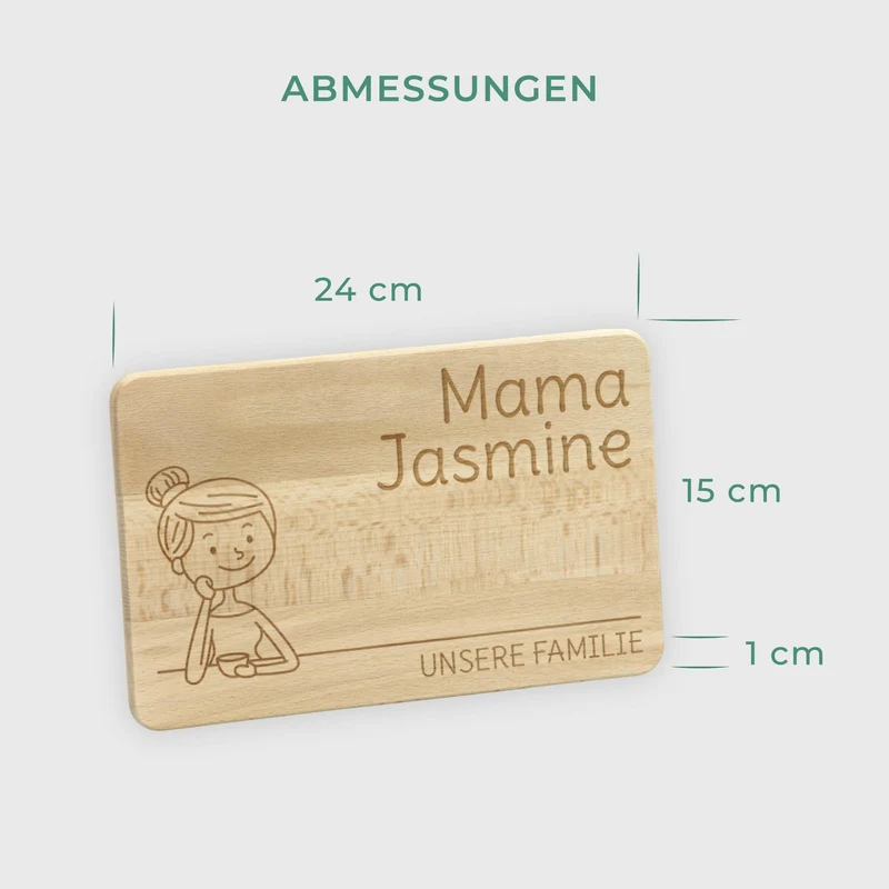 Frühstücksbrettchen mit Gravur - Personalisiert mit Namen - Mama "Unsere Familie" | Holz, Natur, FSC® - Geschenk zum Muttertag, Geburtstag, Namenstag