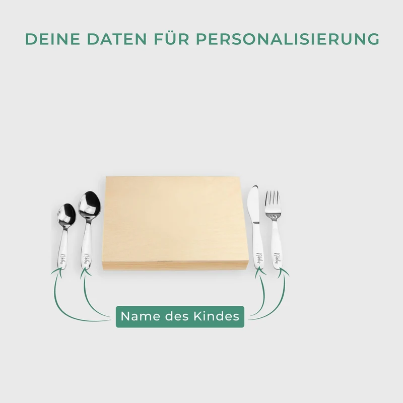 Kinderbesteck mit Namensgravur - Wunschname Gravur - Besteck mit Namen | Mit ungravierter Geschenkbox, natur Kiste