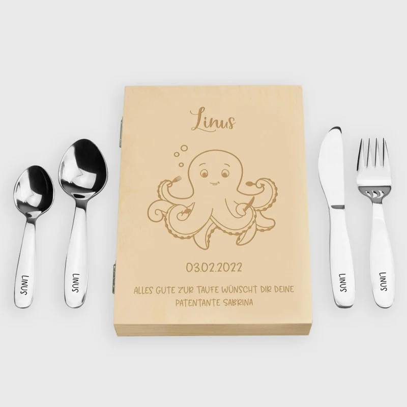 Kinderbesteck mit Namensgravur - Oktopus Motiv - Besteck mit Namen | Taufgeschenk für Kinder - Geschenk zur Taufe für Jungs & Mädchen, inkl. Kiste