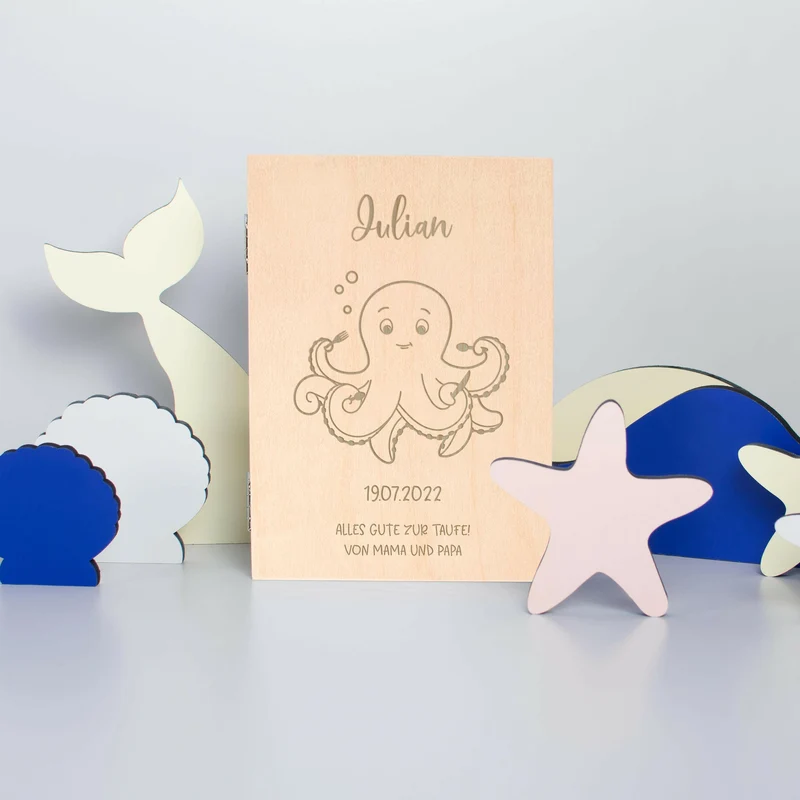 Kinderbesteck mit Namensgravur - Oktopus Motiv - Besteck mit Namen | Taufgeschenk für Kinder - Geschenk zur Taufe für Jungs & Mädchen, inkl. Kiste