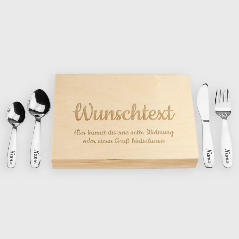 Kinderbesteck mit Namensgravur - Wunschtext Motiv - Besteck mit Namen | Taufgeschenk für Kinder - Geschenk zur Taufe für Jungs & Mädchen, natur Kiste