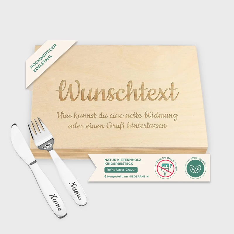 Kinderbesteck mit Namensgravur - Wunschtext Motiv - Besteck mit Namen | Taufgeschenk für Kinder - Geschenk zur Taufe für Jungs & Mädchen, natur Kiste