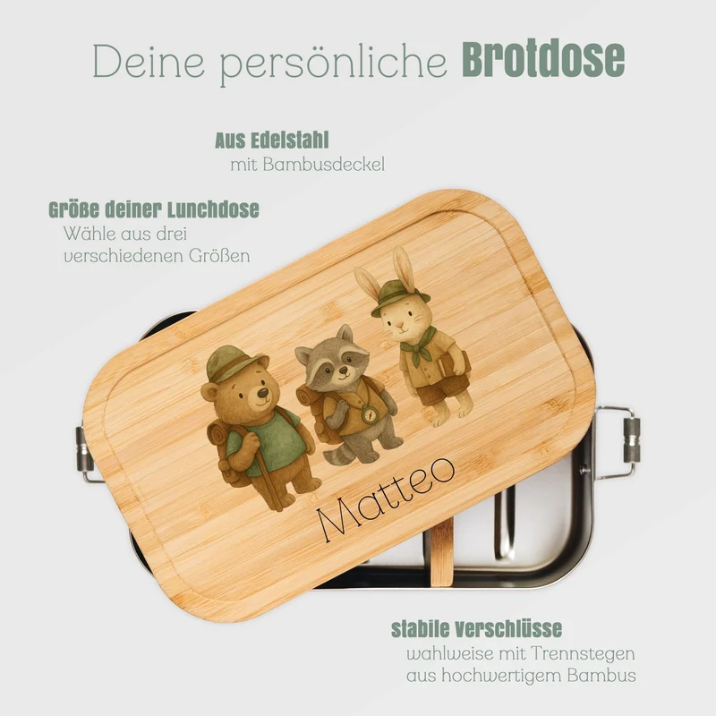 Brotdose Edelstahl - Pfadfinder Tiere Trio farbig