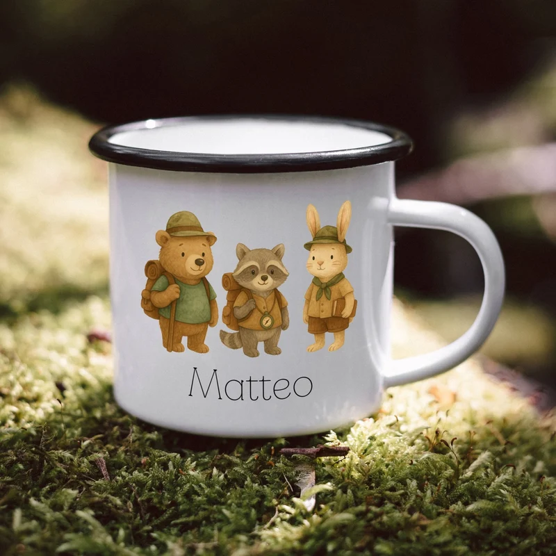 Emaille Tasse - Pfadfinder Tiere Trio