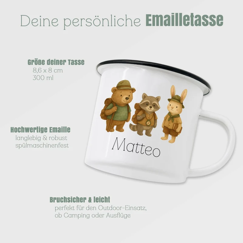 Emaille Tasse - Pfadfinder Tiere Trio