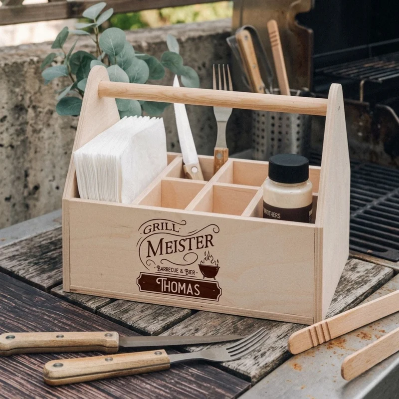 Grill-Caddy aus Holz - Grillmeister Vintage Wunschname