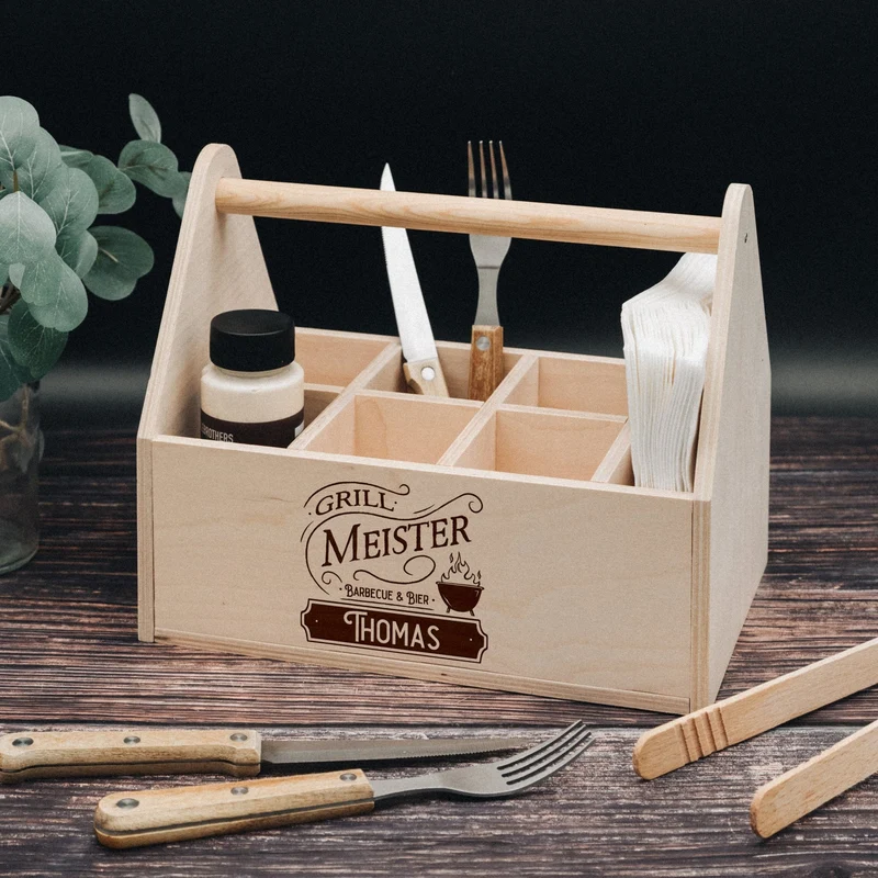 Grill-Caddy aus Holz - Grillmeister Vintage Wunschname