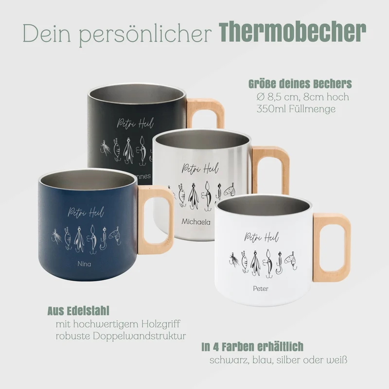 Thermobecher personalisiert mit Holzgriff - Angelhaken "Petri Heil"