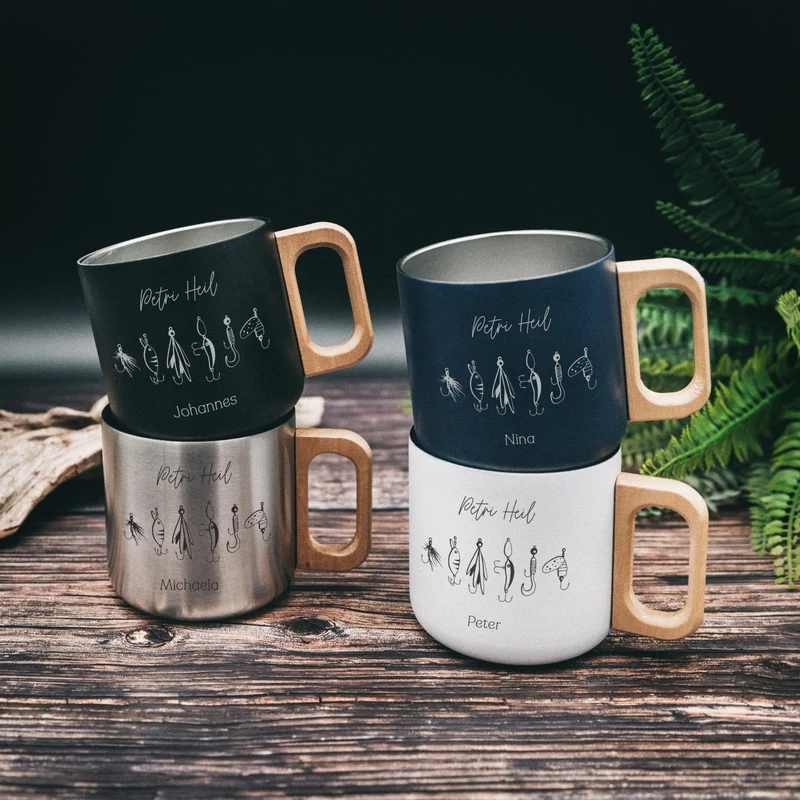 Thermobecher personalisiert mit Holzgriff - Angelhaken "Petri Heil"