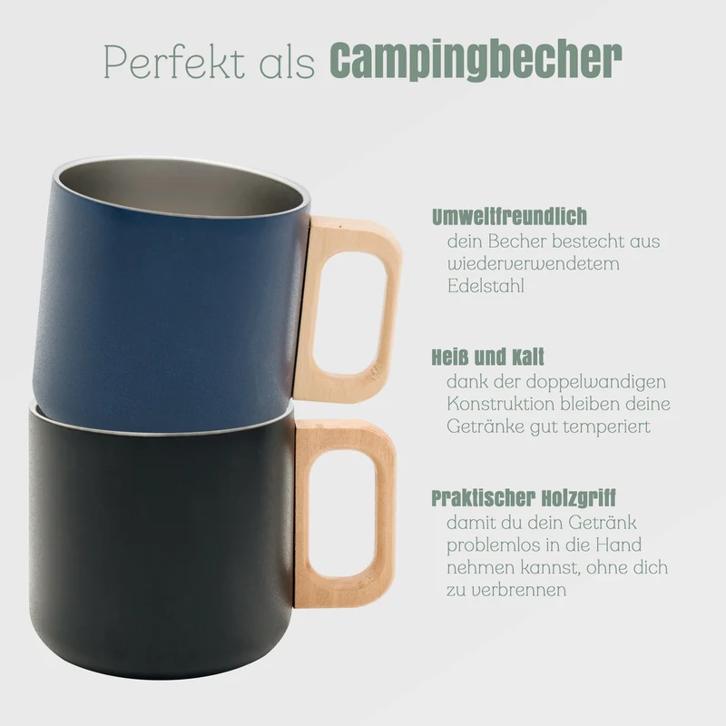 Thermobecher personalisiert mit Holzgriff - Angelhaken "Petri Heil"