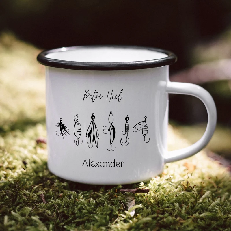 Emaille Tasse - Angelhaken "Petri Heil"