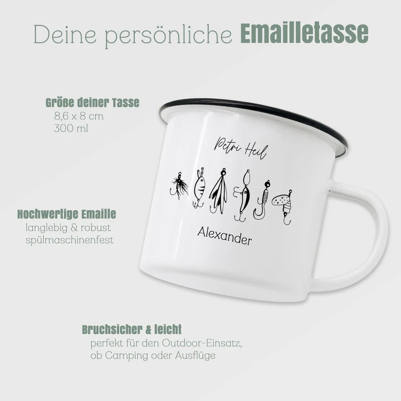 Emaille Tasse - Angelhaken "Petri Heil"