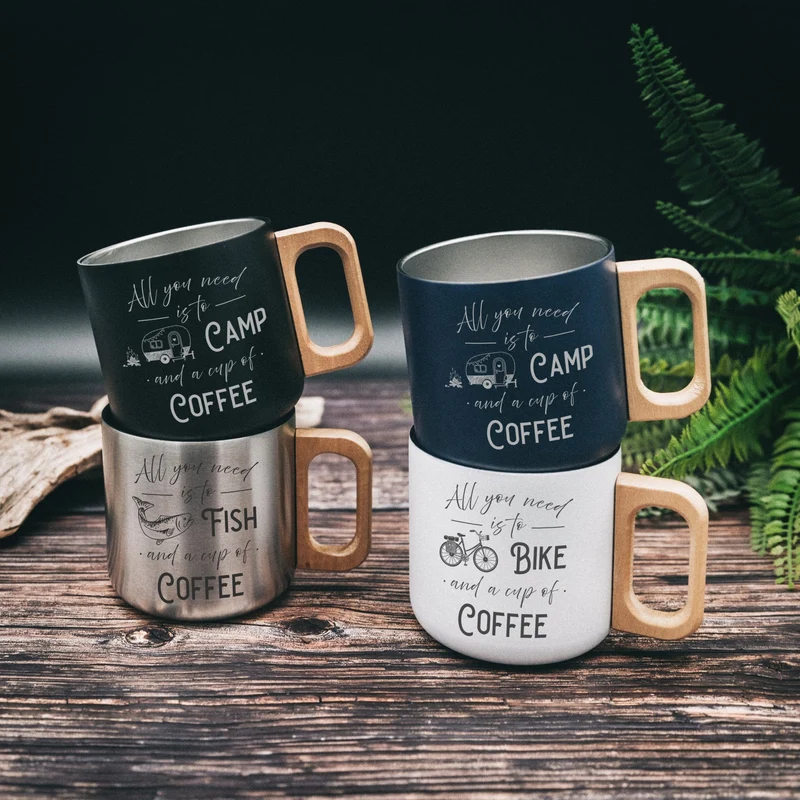 Thermobecher mit Holzgriff - Cup of Coffee + Camp, Fish, Bike