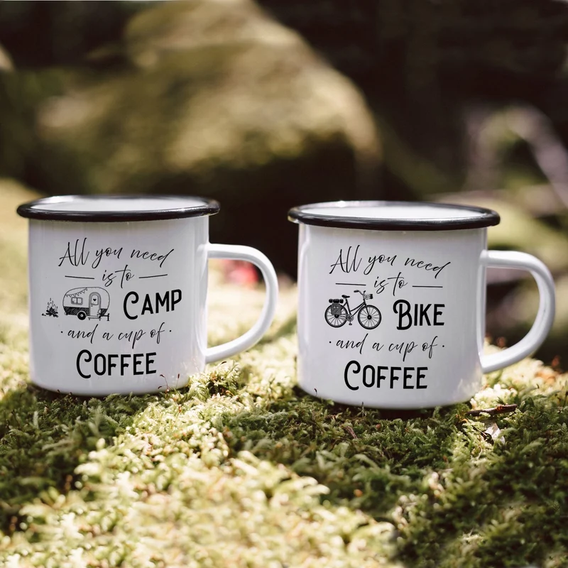 Emaille Tasse - Cup of Coffee + Camp/Bike/Fish
