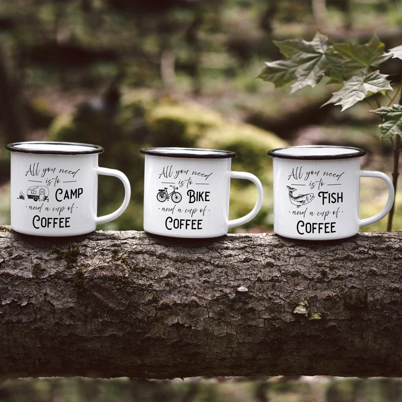 Emaille Tasse - Cup of Coffee + Camp/Bike/Fish