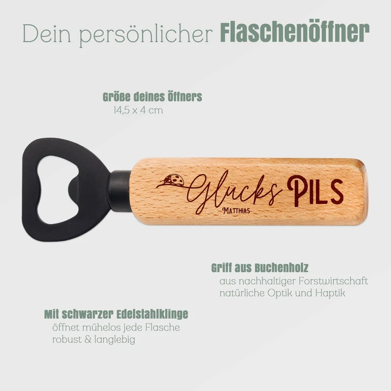 Flaschenöffner Holz mit schwarzer Klinge - Glückspils