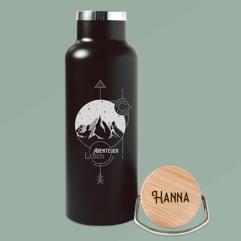 Trinkflasche Edelstahl schwarz - Landschaft Geo