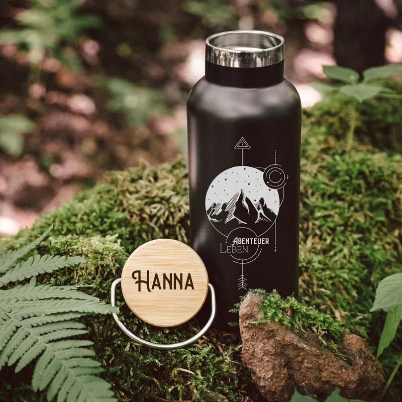 Trinkflasche Edelstahl schwarz - Landschaft Geo