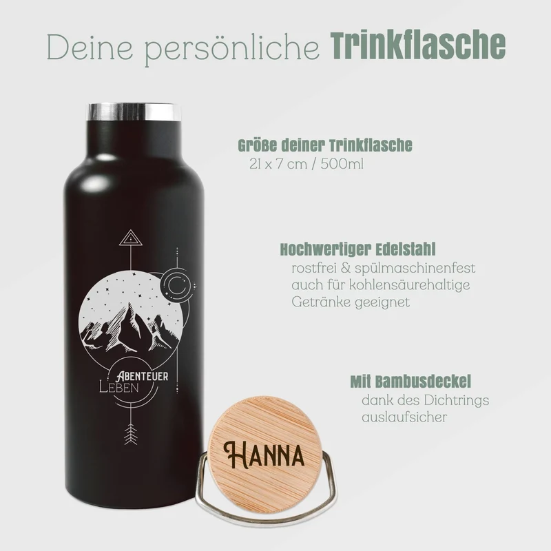 Trinkflasche Edelstahl schwarz - Landschaft Geo