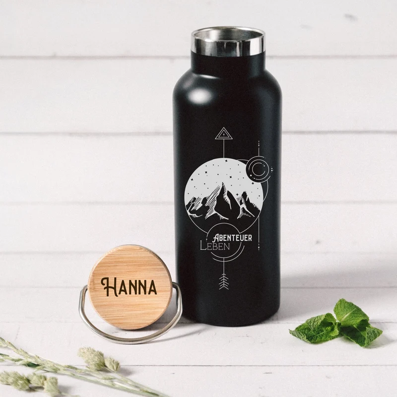 Trinkflasche Edelstahl schwarz - Landschaft Geo
