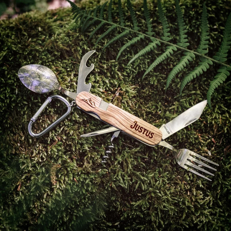 Campingbesteck mit Karabiner - Wunschname