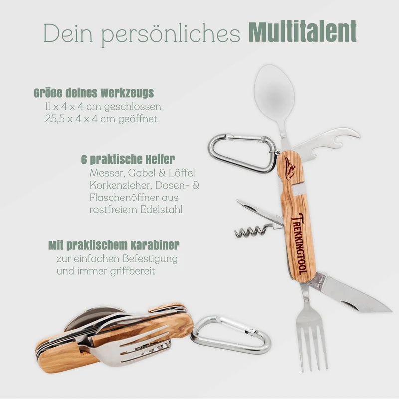 Campingbesteck mit Karabiner - Wunschname