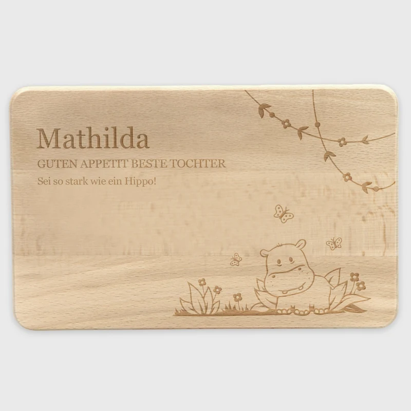 Frühstücksbrettchen für Kinder mit Gravur - Personalisiert mit Namen - Nilpferd | Holz Brettchen, Natur, FSC® - Geschenk zum Geburtstag & Namenstag