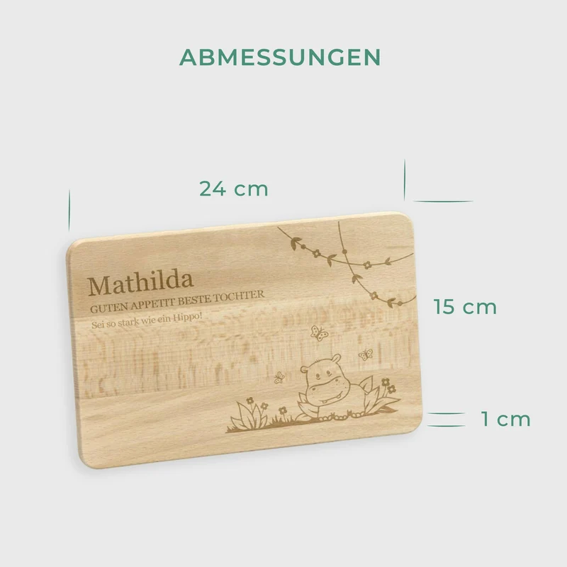 Frühstücksbrettchen für Kinder mit Gravur - Personalisiert mit Namen - Nilpferd | Holz Brettchen, Natur, FSC® - Geschenk zum Geburtstag & Namenstag