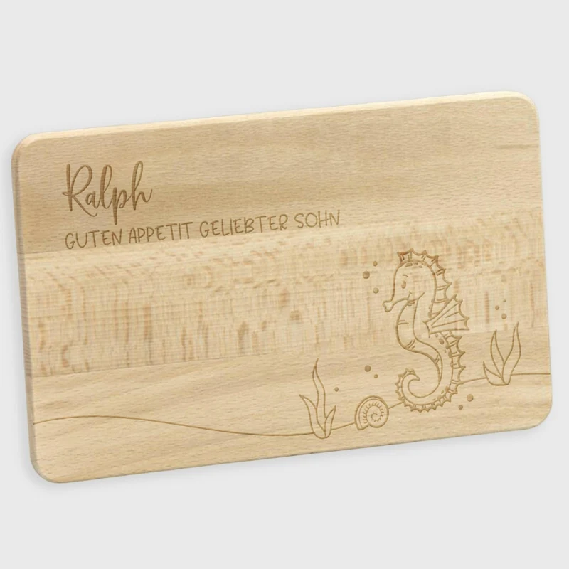 Frühstücksbrettchen für Kinder mit Gravur - Personalisiert mit Name - Seepferdchen | Holz Brettchen, Natur, FSC® - Geschenk zum Geburtstag & Namenstag
