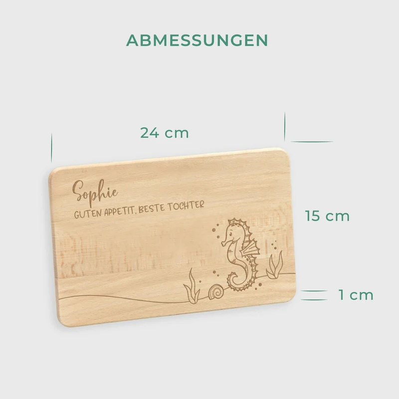 Frühstücksbrettchen für Kinder mit Gravur - Personalisiert mit Name - Seepferdchen | Holz Brettchen, Natur, FSC® - Geschenk zum Geburtstag & Namenstag
