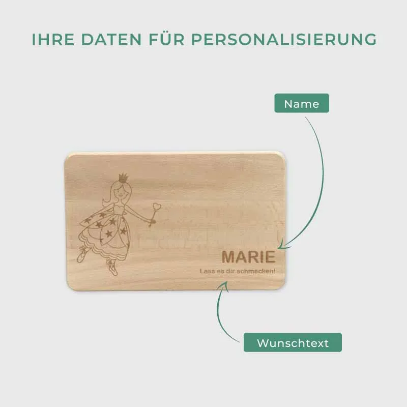 Frühstücksbrettchen für Kinder mit Gravur - Personalisiert mit Namen - Prinzessin | Holz Brettchen, Natur, FSC® - Geschenk zum Geburtstag & Namenstag