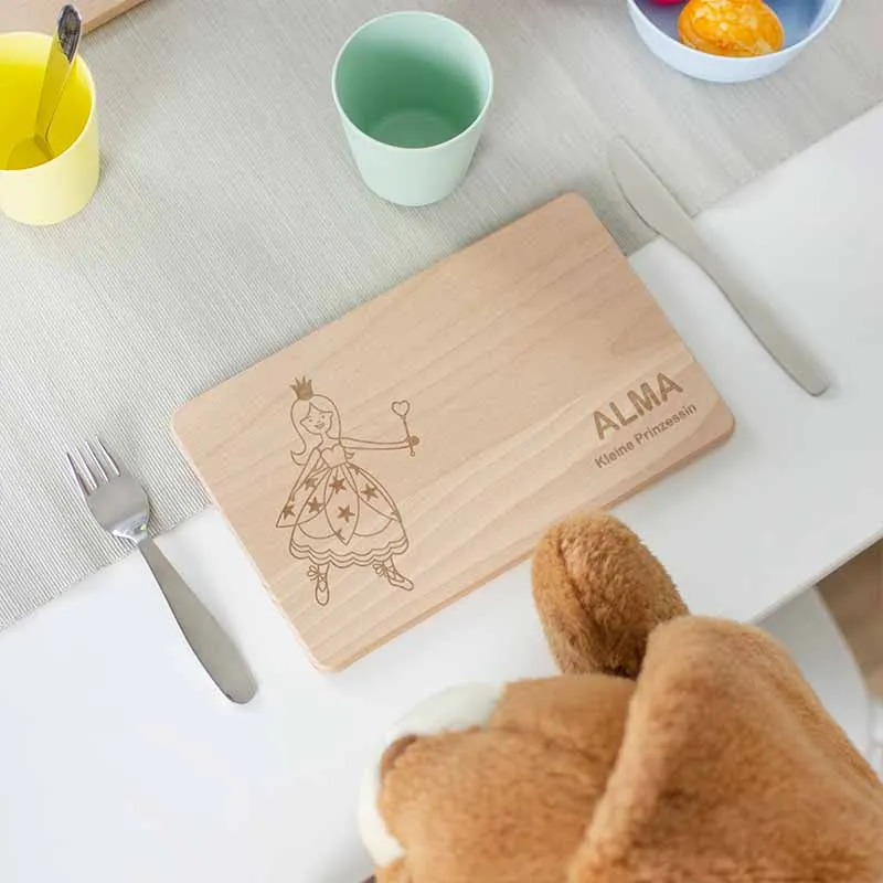 Frühstücksbrettchen für Kinder mit Gravur - Personalisiert mit Namen - Prinzessin | Holz Brettchen, Natur, FSC® - Geschenk zum Geburtstag & Namenstag