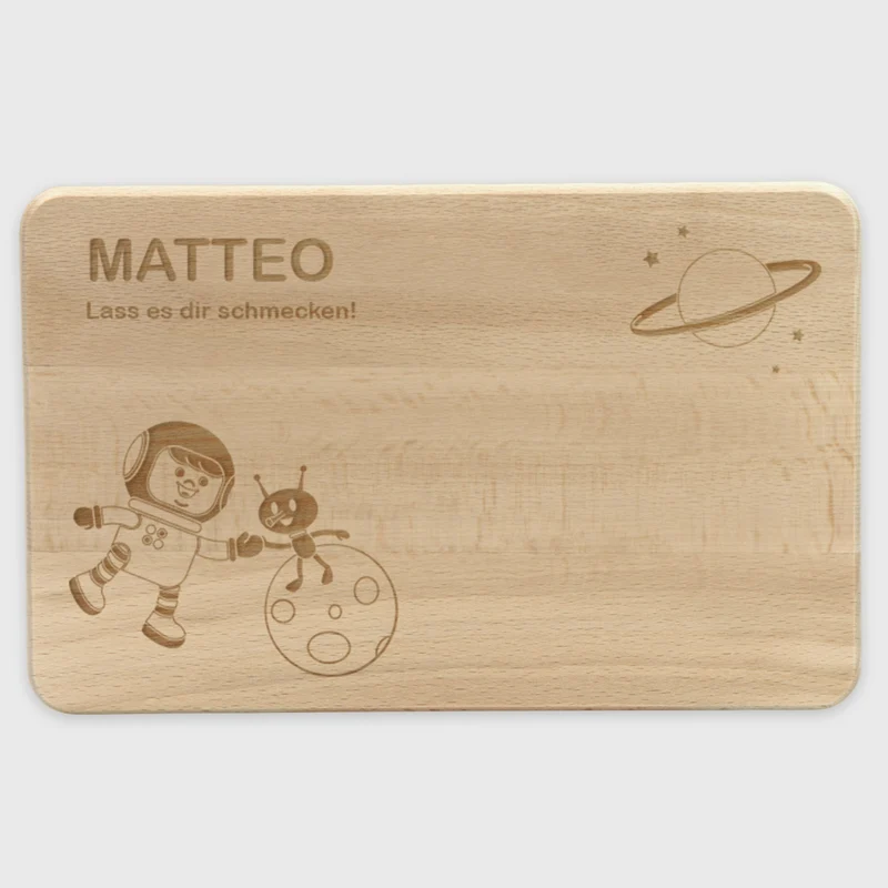 Frühstücksbrettchen für Kinder mit Gravur - Personalisiert mit Namen - Weltall | Holz Brettchen, Natur, FSC® - Geschenk zum Geburtstag & Namenstag