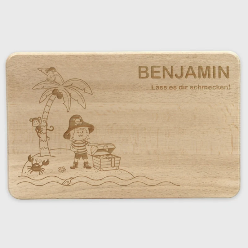 Frühstücksbrettchen für Kinder mit Gravur - Personalisiert mit Namen - Pirat | Holz Brettchen, Natur, FSC® - Geschenk zum Geburtstag & Namenstag